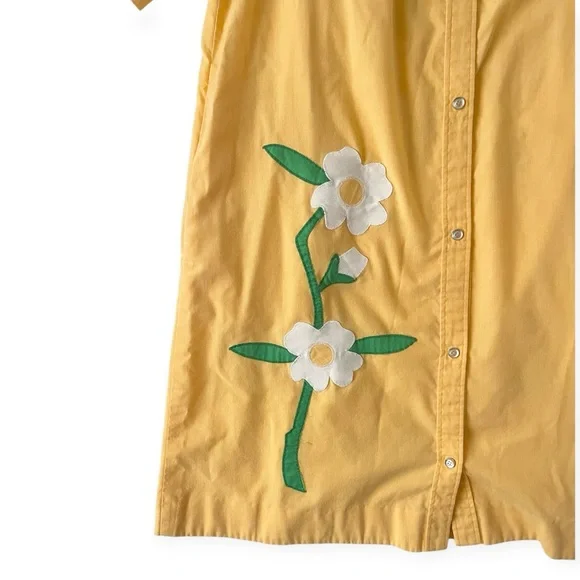Vintage 1970s Lord & Taylor Yellow Floral Appliqué Housecoat Duster Dress Granny - Picture 2 of 8